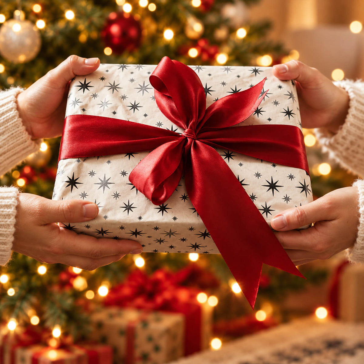 holiday gift guide collection and hands holding gift