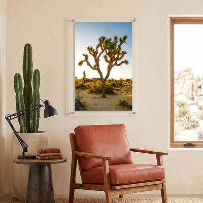 Vertical desert wall art showing a sunlit Joshua tree displayed in a seating corner