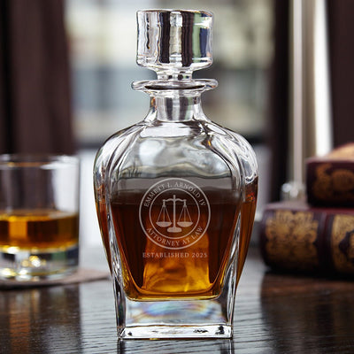 Lawyer Presentation Set with Custom Whiskey Decanter and Glasses - Bar Serving Tray & Lawyer Graduation Gift