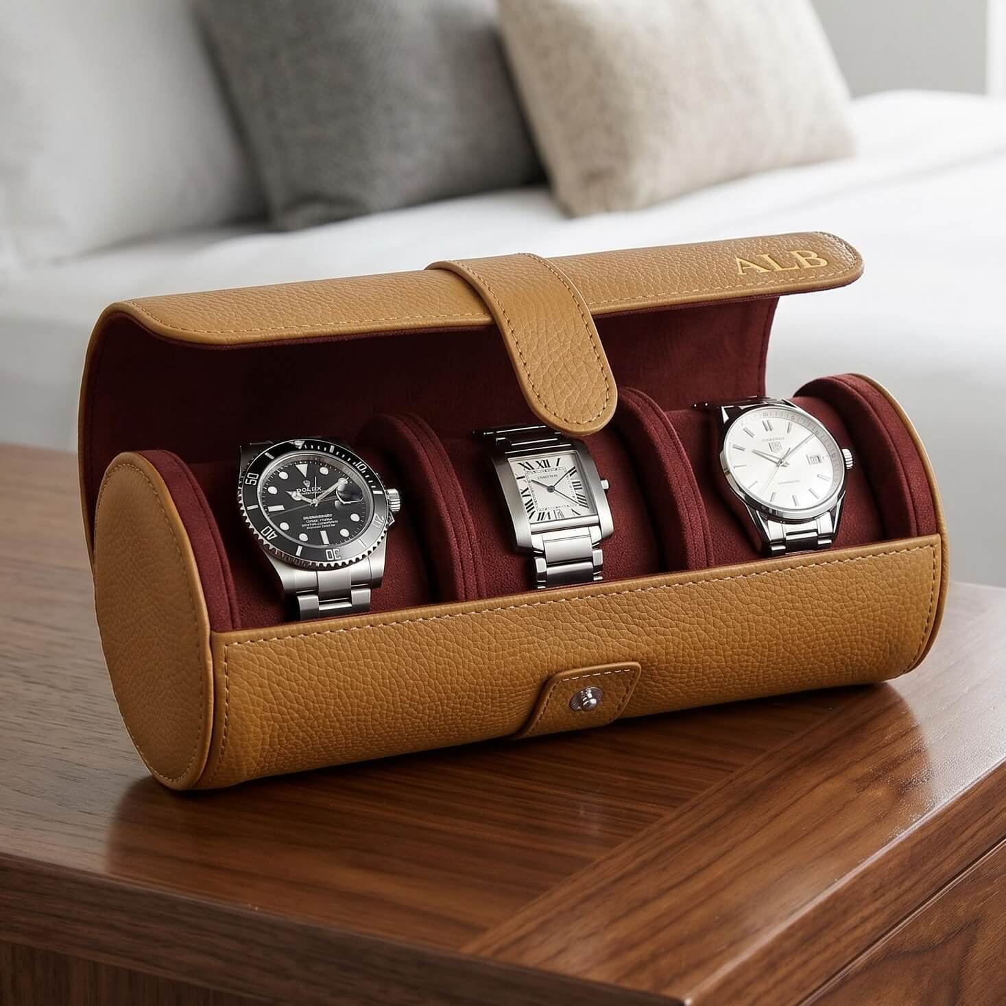 Leather Watch Travel Roll Tan