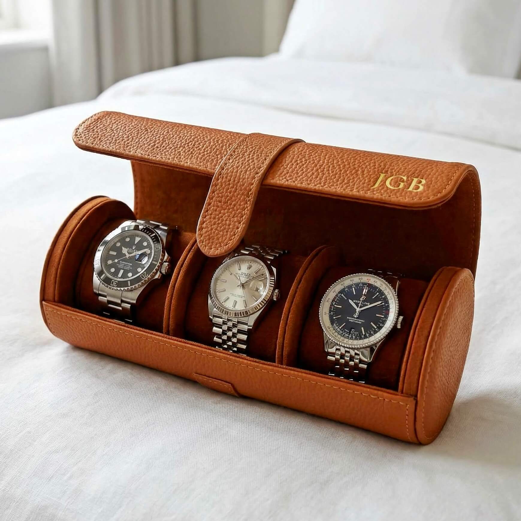 Brown leather three watch holder for travel