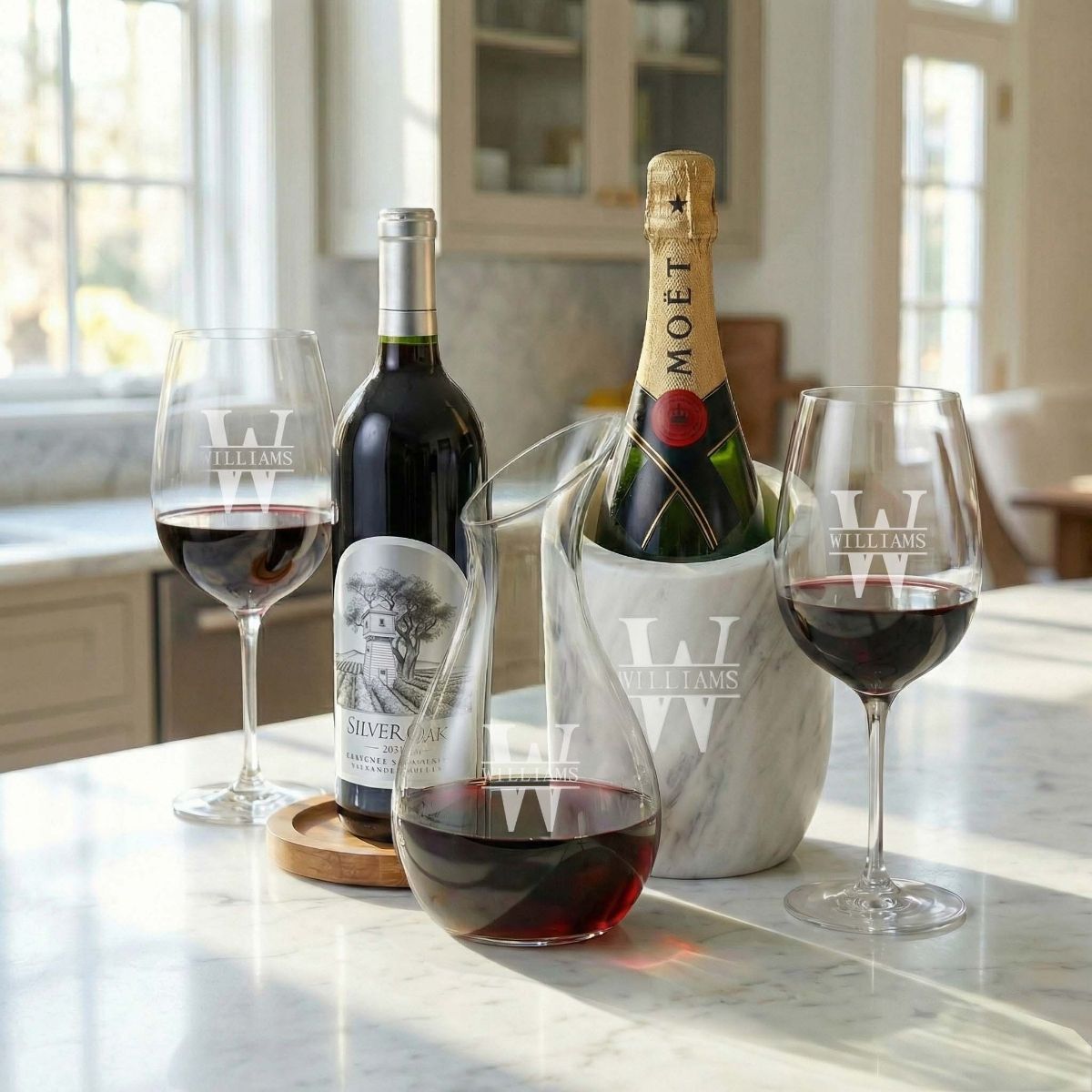 custom engraved slanted marble champagne & wine chiller with reims decanter and two riedel wine glasses