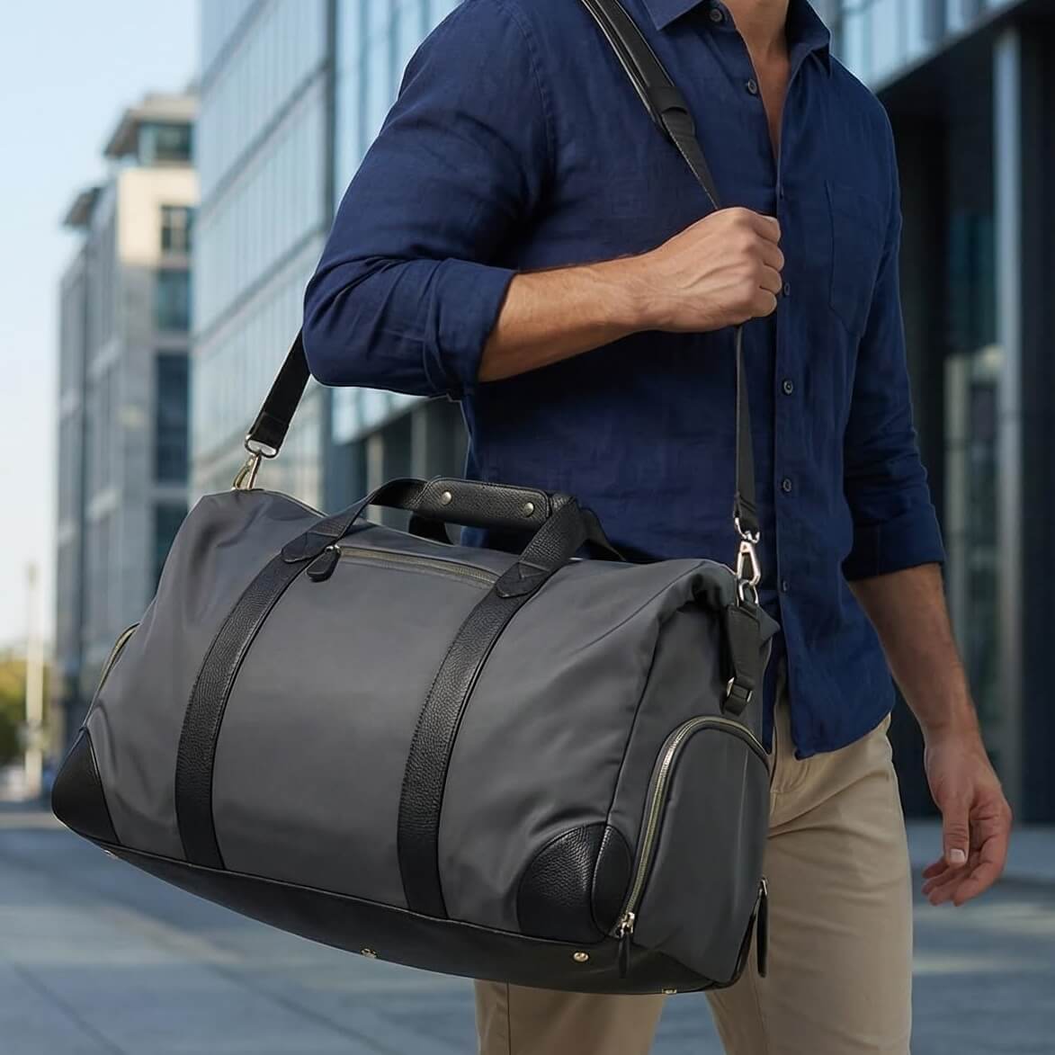 man carrying luxury nylon duffle bag gray and black