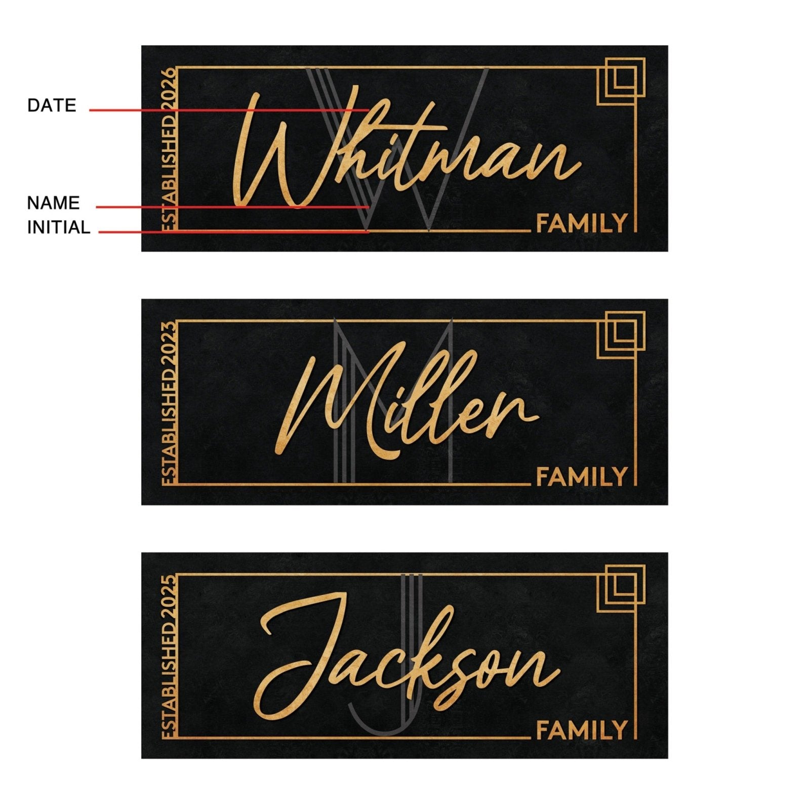 Modern Custom Family Name Sign, Black and Gold