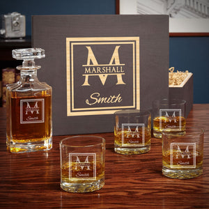 Four Whiskey Glasses + Decanter + Wood Box