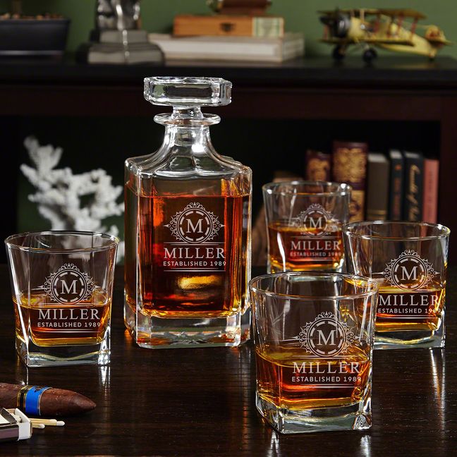Monogram Whiskey Decanter and Glasses Set