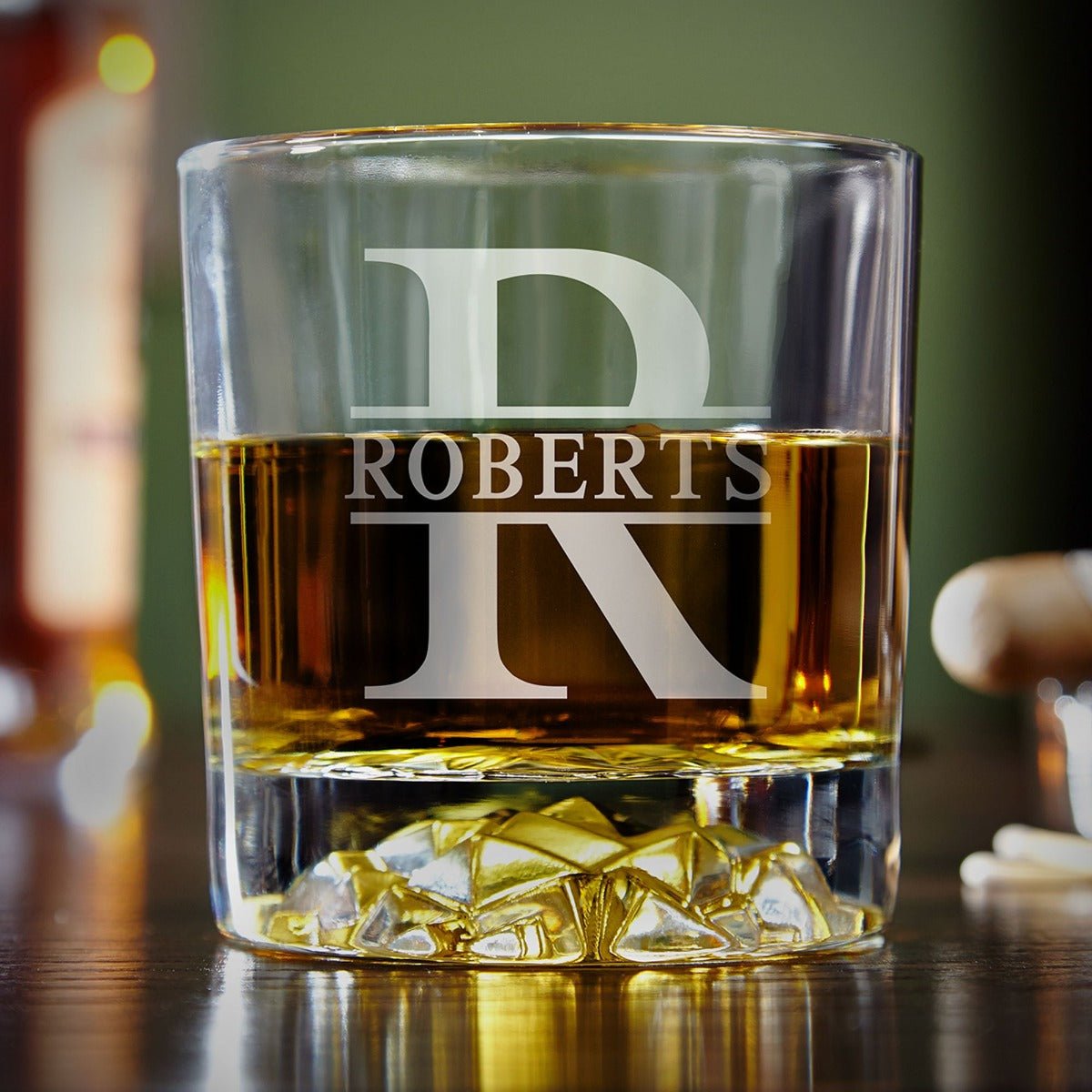 Monogrammed Bourbon Glasses with Glacier Bottom - Set of 4