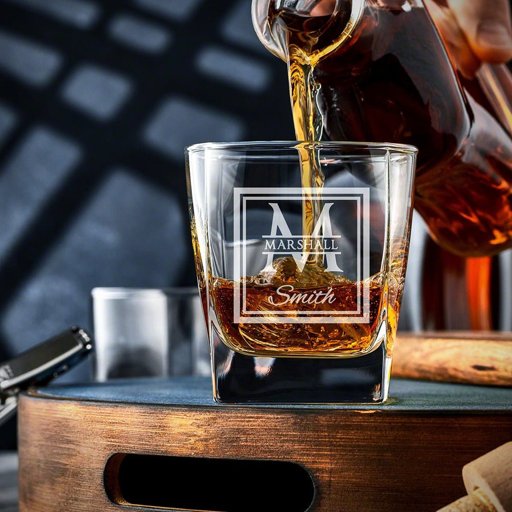 Rutherford Monogrammed Square Rocks Glass