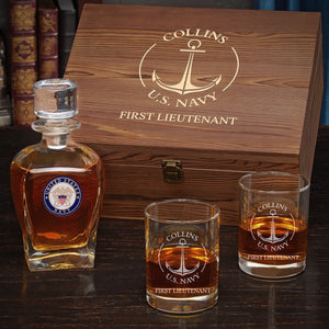 Navy Decanter + Two Glasses + Wood Box