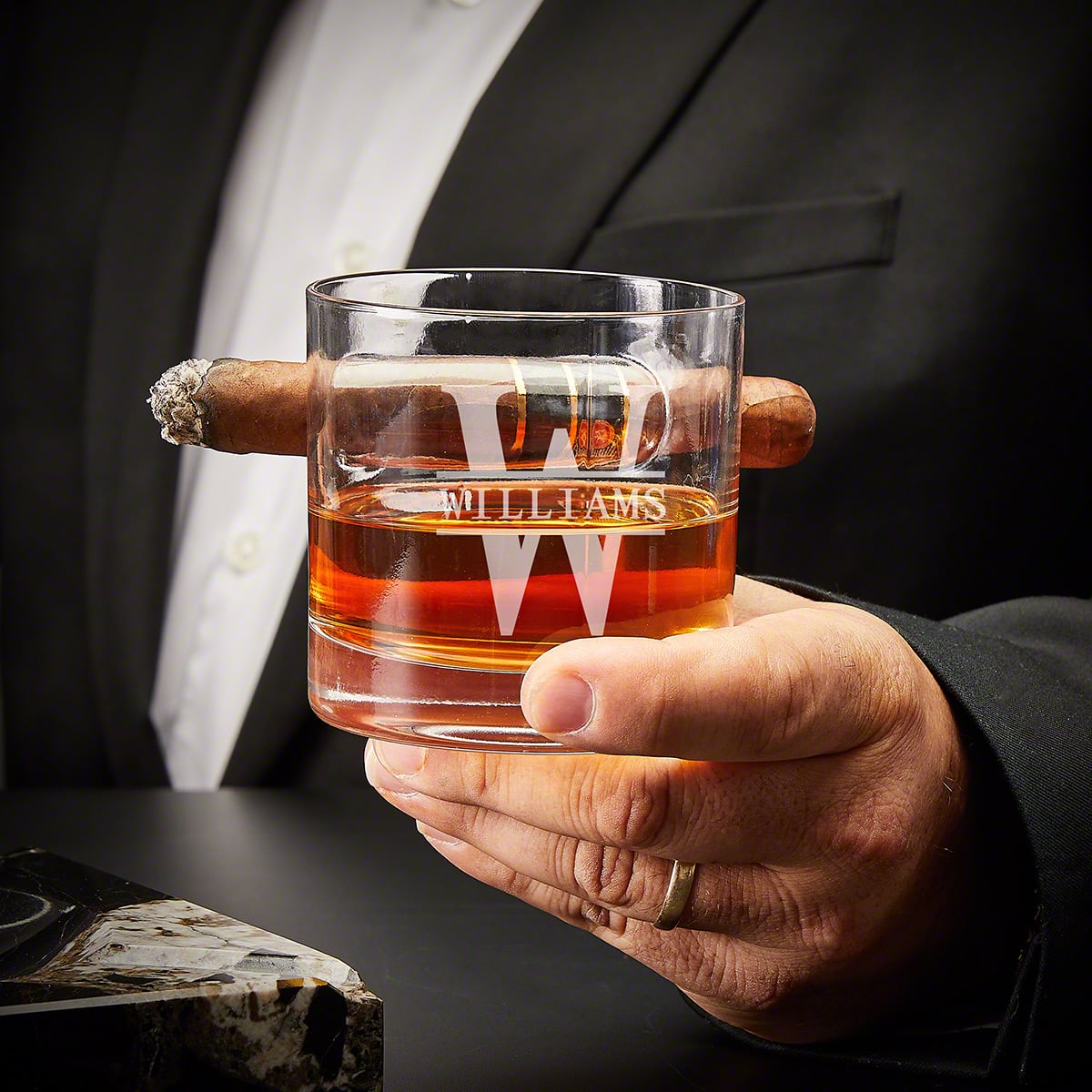Oxley Custom Cigar Lover Gift Set with Whiskey Decanter and Glasses - 6pc Ebony Black Box