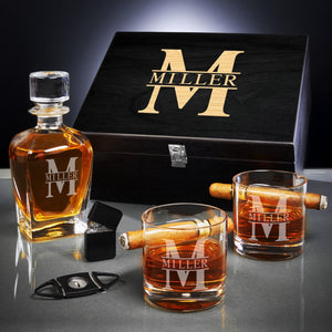 Oxley Custom Cigar Lover Gift Set with Whiskey Decanter and Glasses