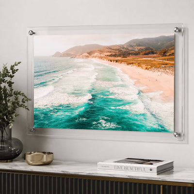 Pacific Pastels acrylic wall art displayed above a marble console table