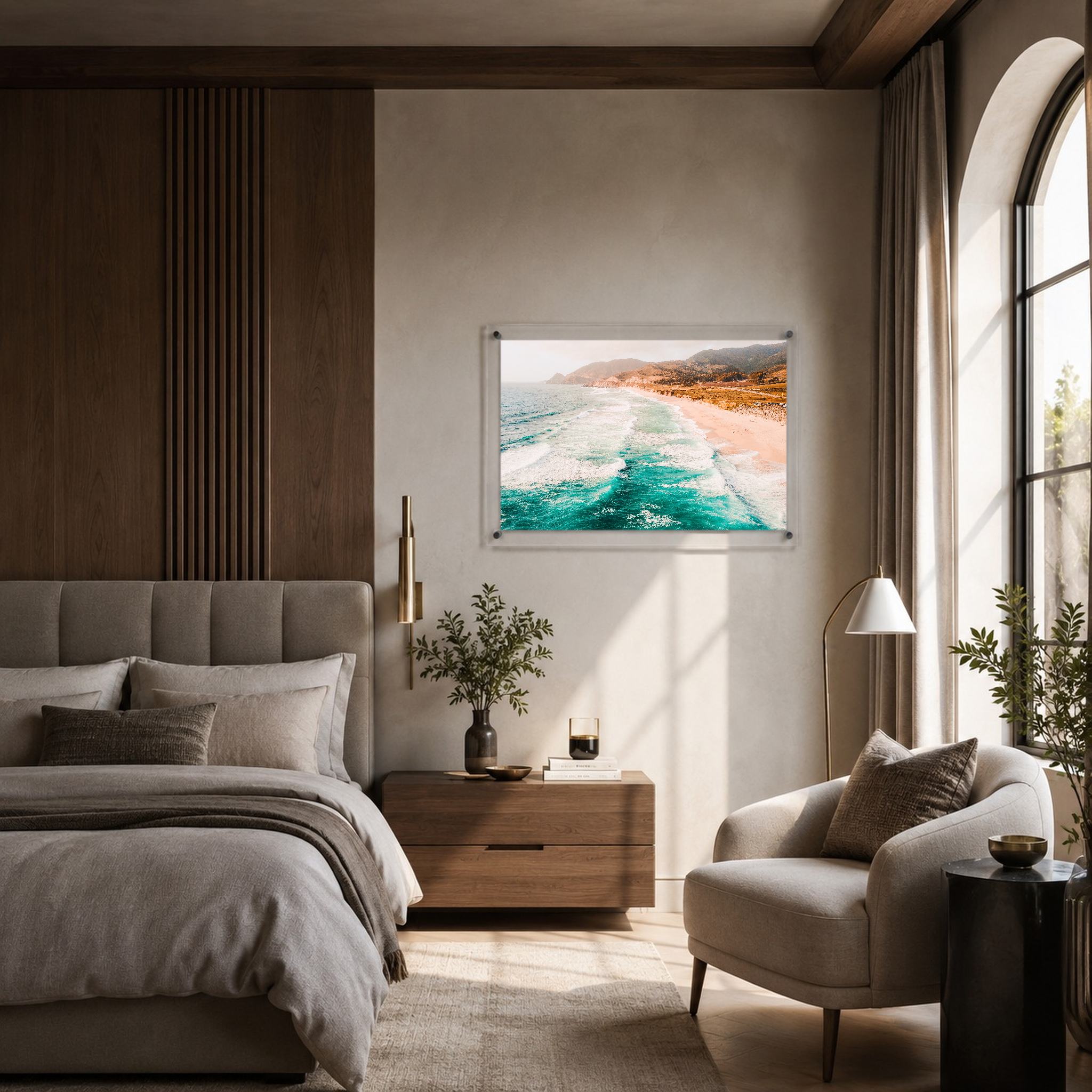 Pacific Pastels acrylic wall art in a coastal bedroom covered patio scene