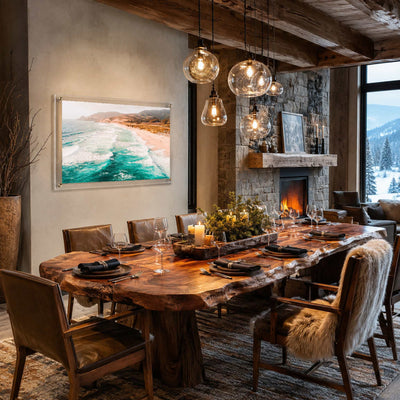 Pacific Pastels acrylic wall art in a rustic dining room with mountain view scene