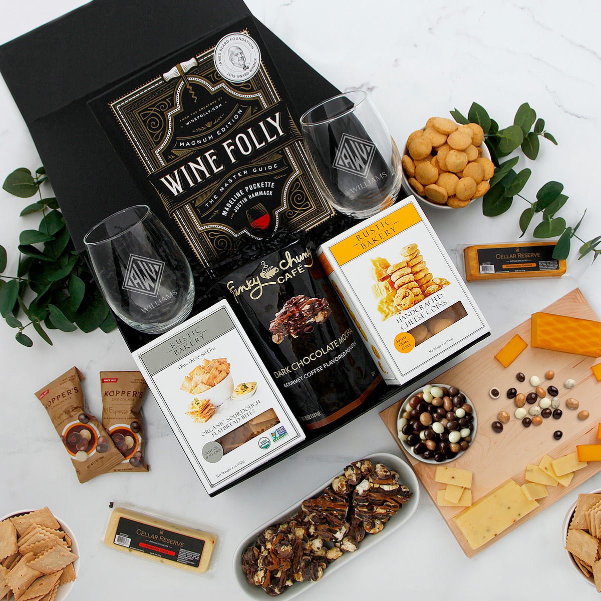 Perfect Pair Wine Gift Basket with Personalized Stemless Wine Glasses