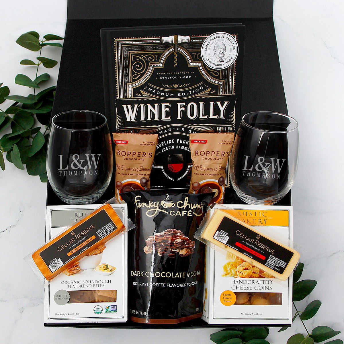 Perfect Pair Wine Gift Basket with Personalized Stemless Wine Glasses
