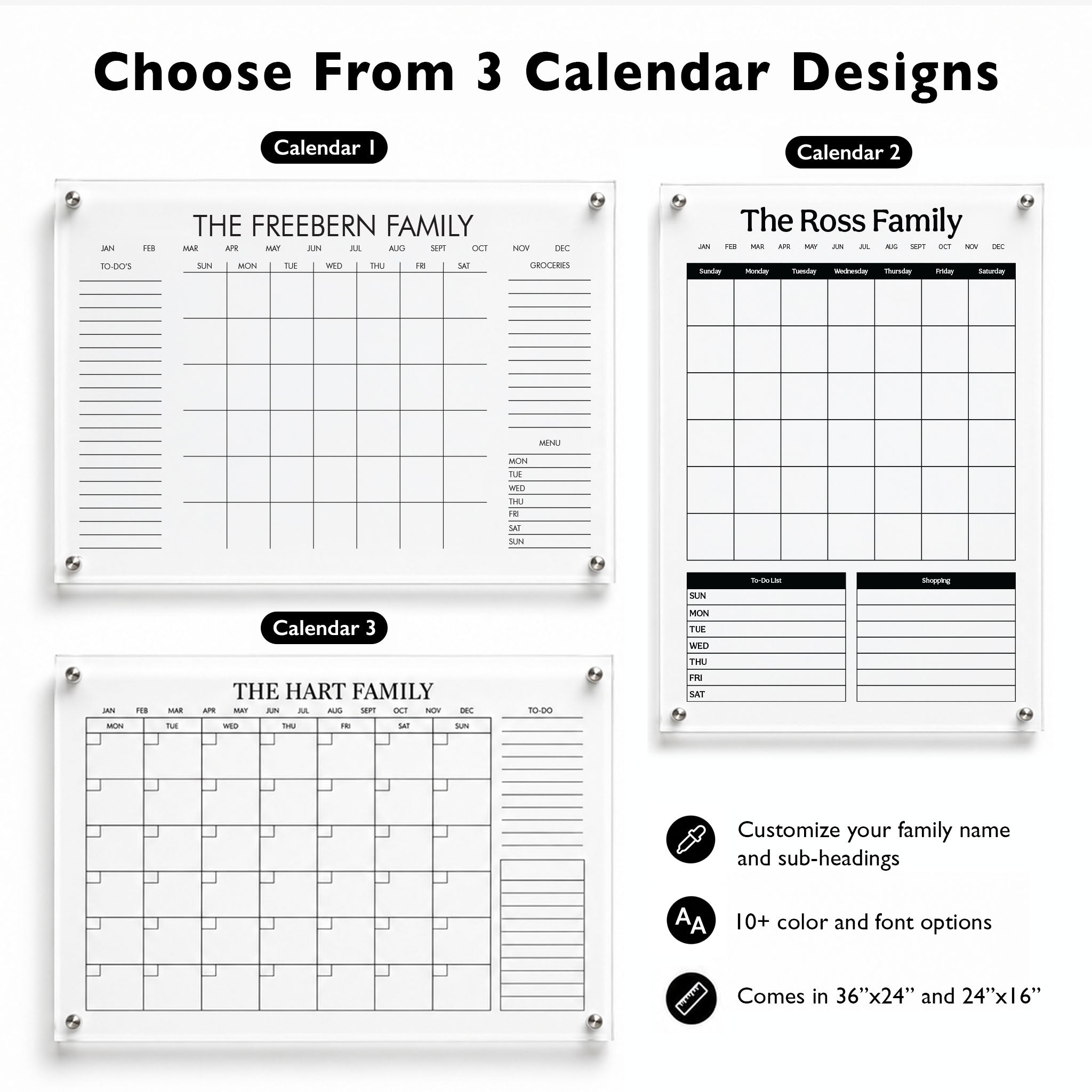 Three personalized acrylic family wall calendar design options