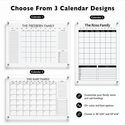 Three personalized acrylic family wall calendar design options