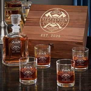 Decanter + Four Glasses + Wood Box