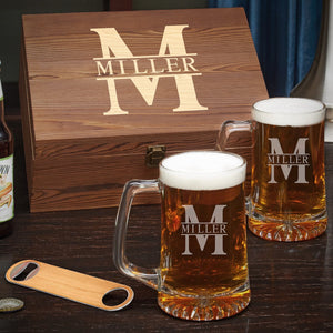 Two Beer Mug + Wood Box + Opener