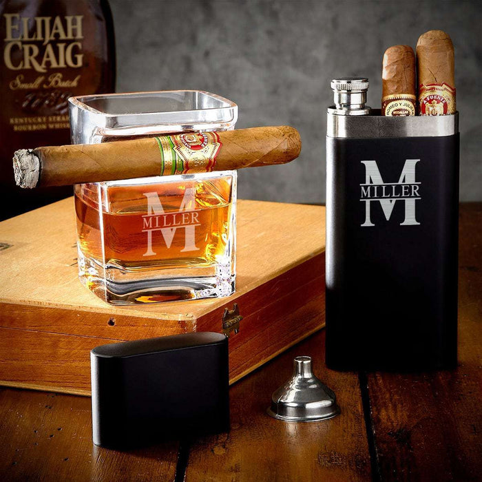 Personalized Cigar Gift Set with Sheffield Cigar Flask and Whiskey Gla