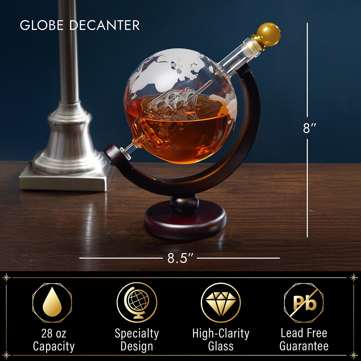 Personalized Globe Whiskey Decanter with Rocks Glasses - 5pc