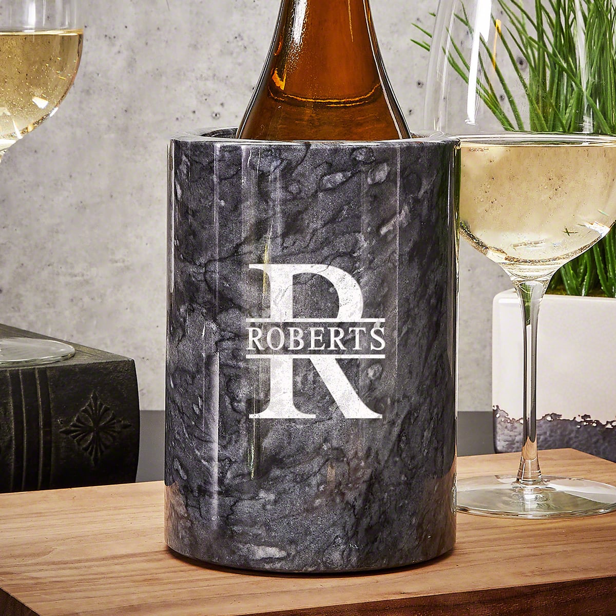 Personalized Marble Wine Chiller, Black with Custom Wine Glasses