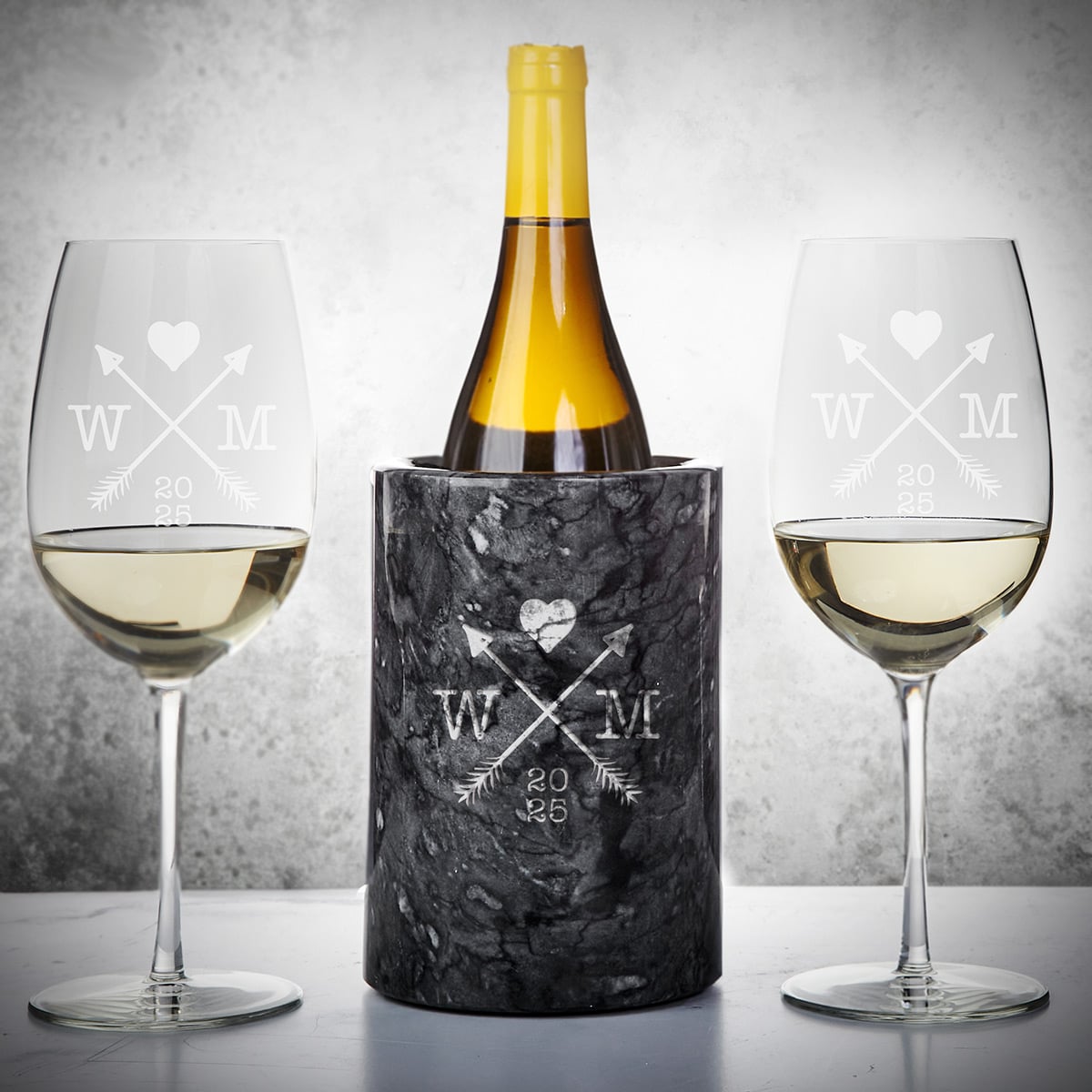 Personalized Marble Wine Chiller, Black with Custom Wine Glasses