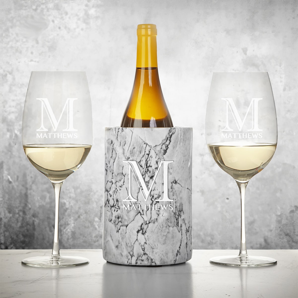 Personalized Marble Wine Chiller, White with Custom Wine Glasses