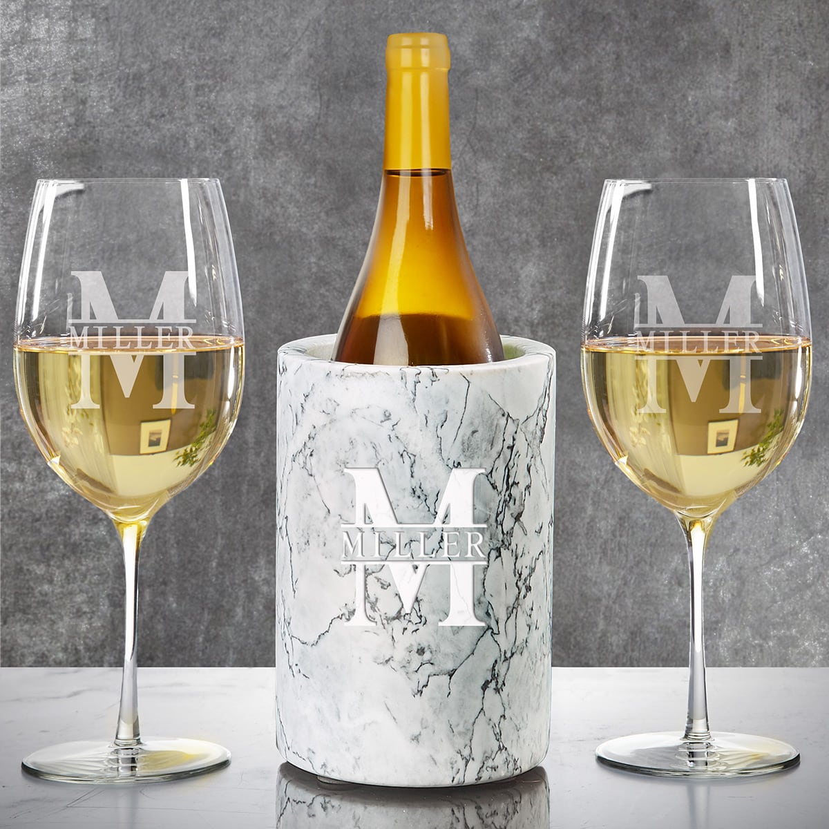 Personalized Marble Wine Chiller, White with Custom Wine Glasses