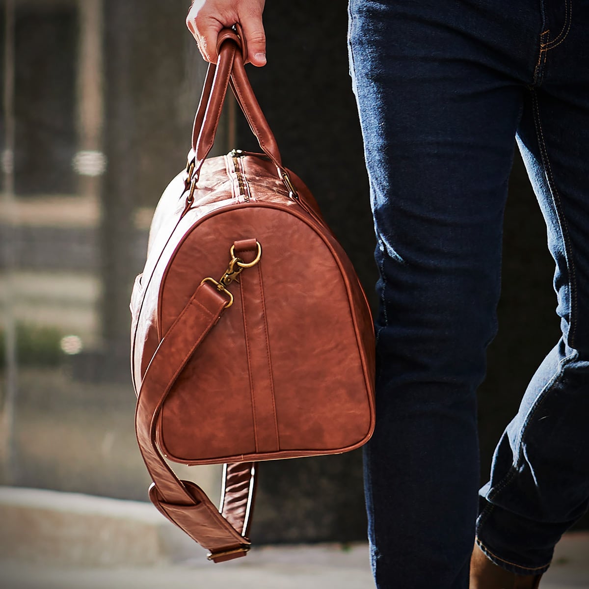 Personalized Theodore Mens Duffle Bag, Large Weekend Bag with Suitcase Strap Brown