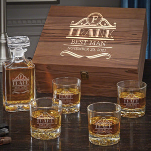 Set of Four + Decanter + Wood Box