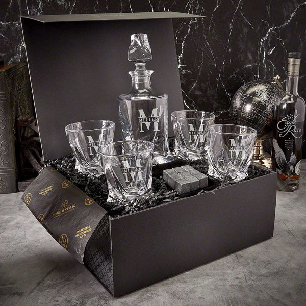 Personalized Whiskey Decanter with Rocks Glasses & Luxury Box Set - 7pc