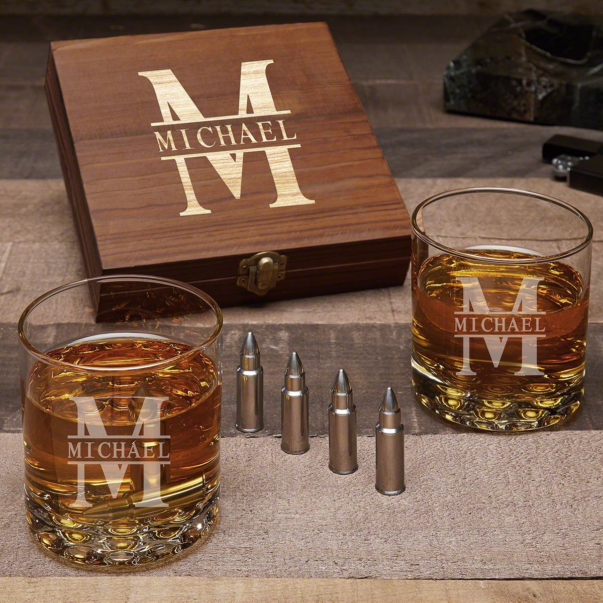 Personalized Whiskey Gift Set with Bullet Whiskey Stones and Buckman Glasses