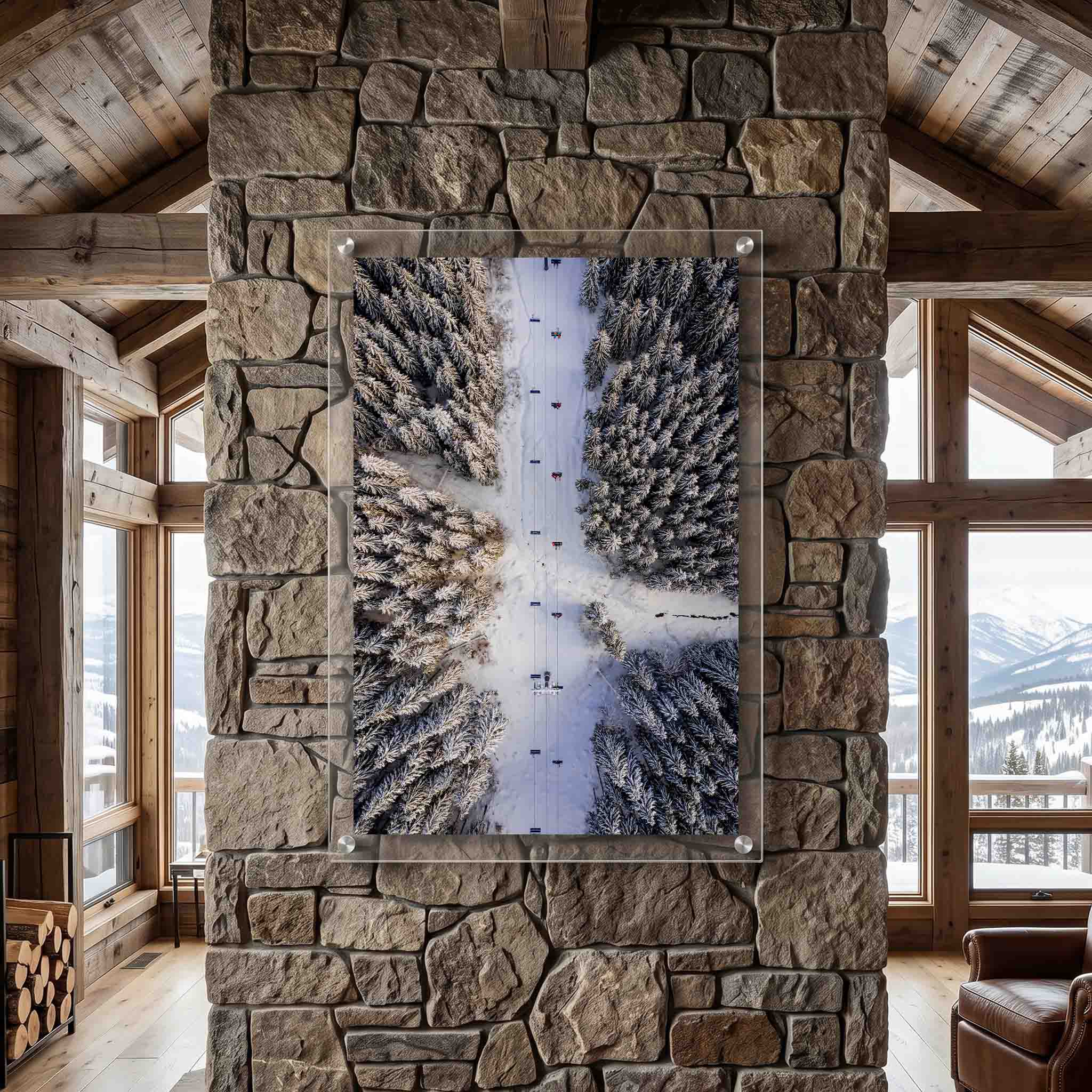 Ski resort acrylic wall art hanging on a rustic stone wall inside an alpine cabin