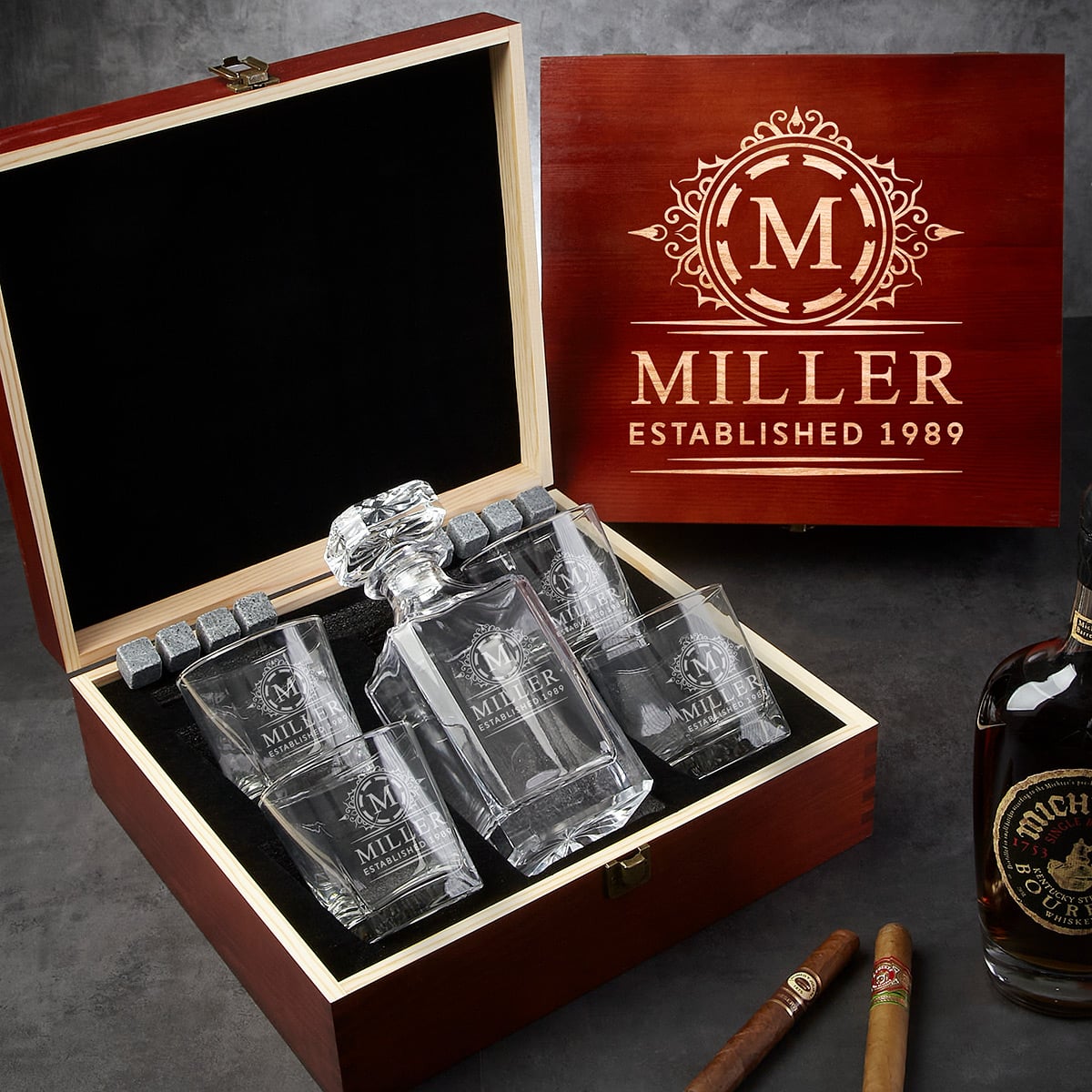 Personalized Whiskey Decanter Set With Wood Gift Box - Custom Engraved Bourbon & Scotch Set