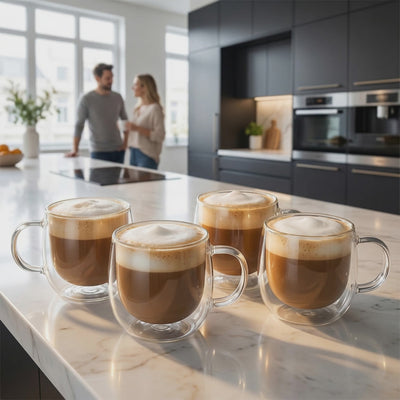 double walled coffee mugs in kitchen perfect for cappuccino latte hot tea espresso 
