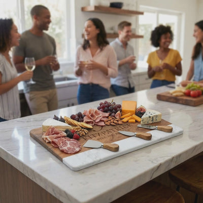 Charcuterie Board for Party with Meat, Cheeses, and Cheese Knives