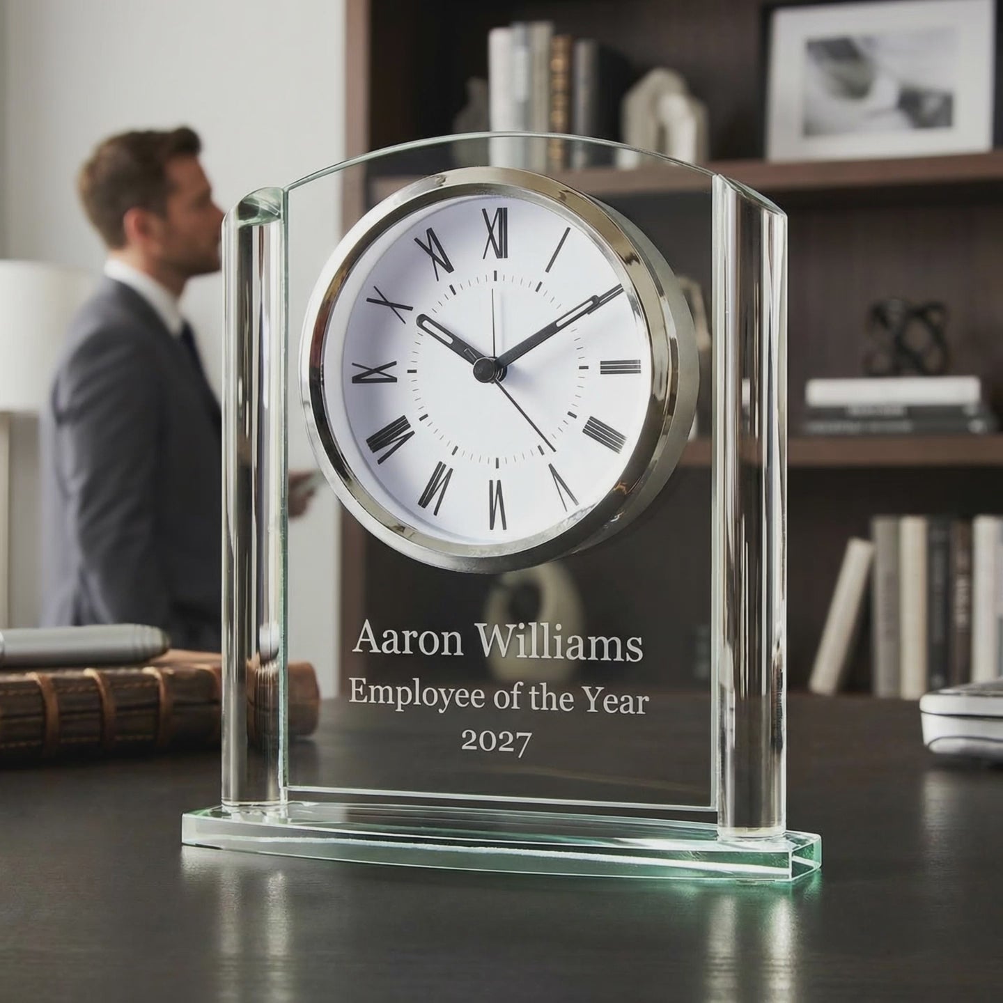 glass clock award employee man