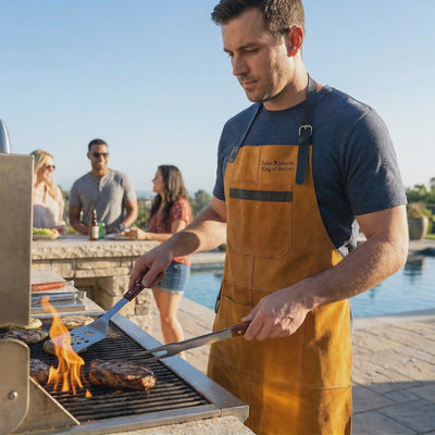 Man Grilling with leather apron brown with pockets for bbq tools near a pool in his home
