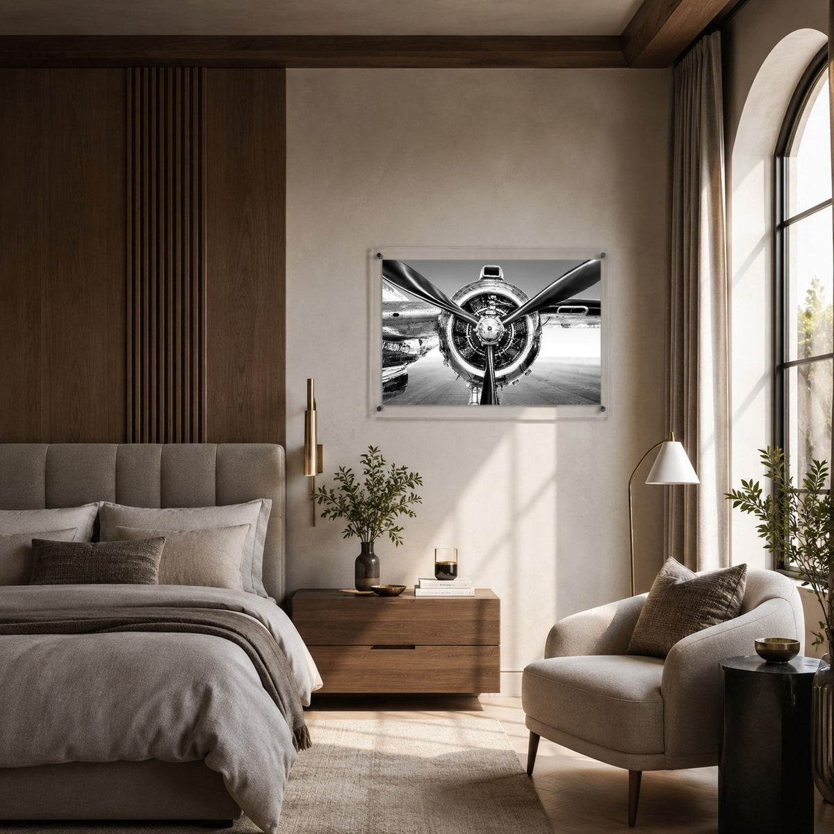 Prop Culture wall art styling a chic modern bedroom with a gray bed