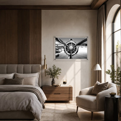 Prop Culture wall art styling a chic modern bedroom with a gray bed