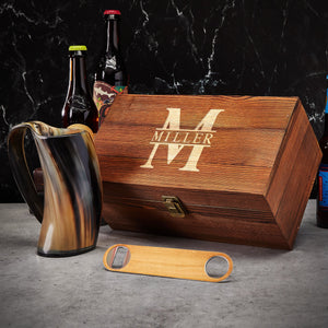 Horn Beer Mug + Wood Box + Opener