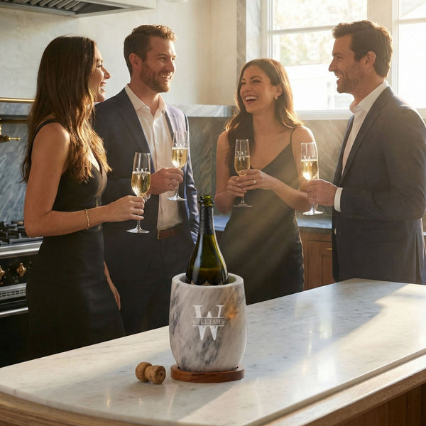 Reed Champagne Chiller Gift Set w/ Flute Glasses - White Marble