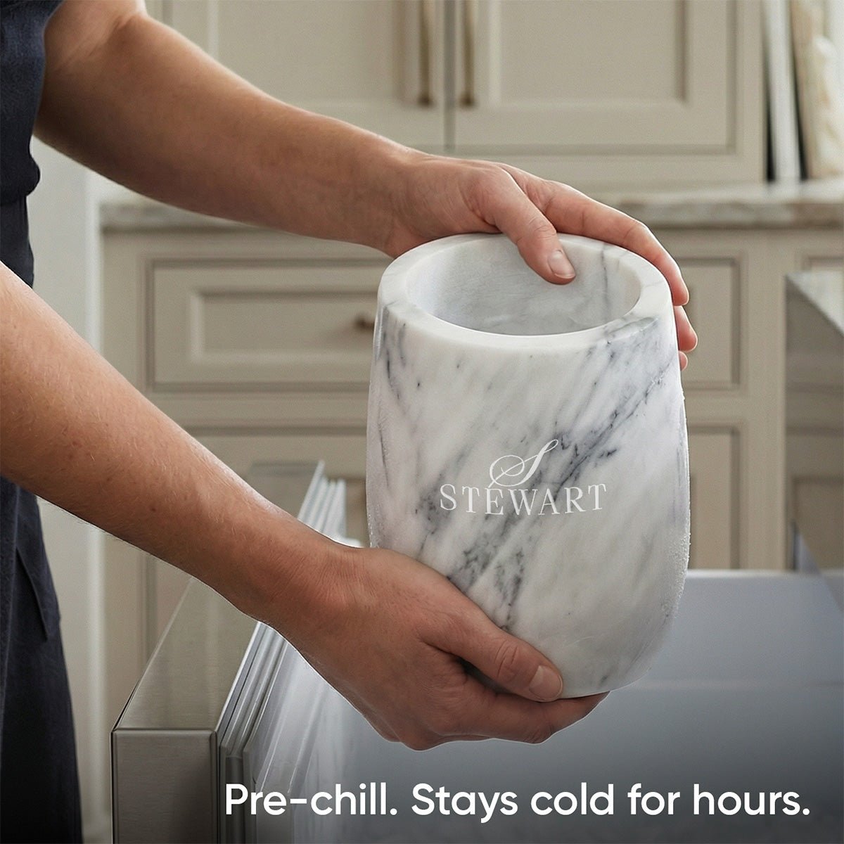 white marble wine chiller being pre-chilled in a freezer