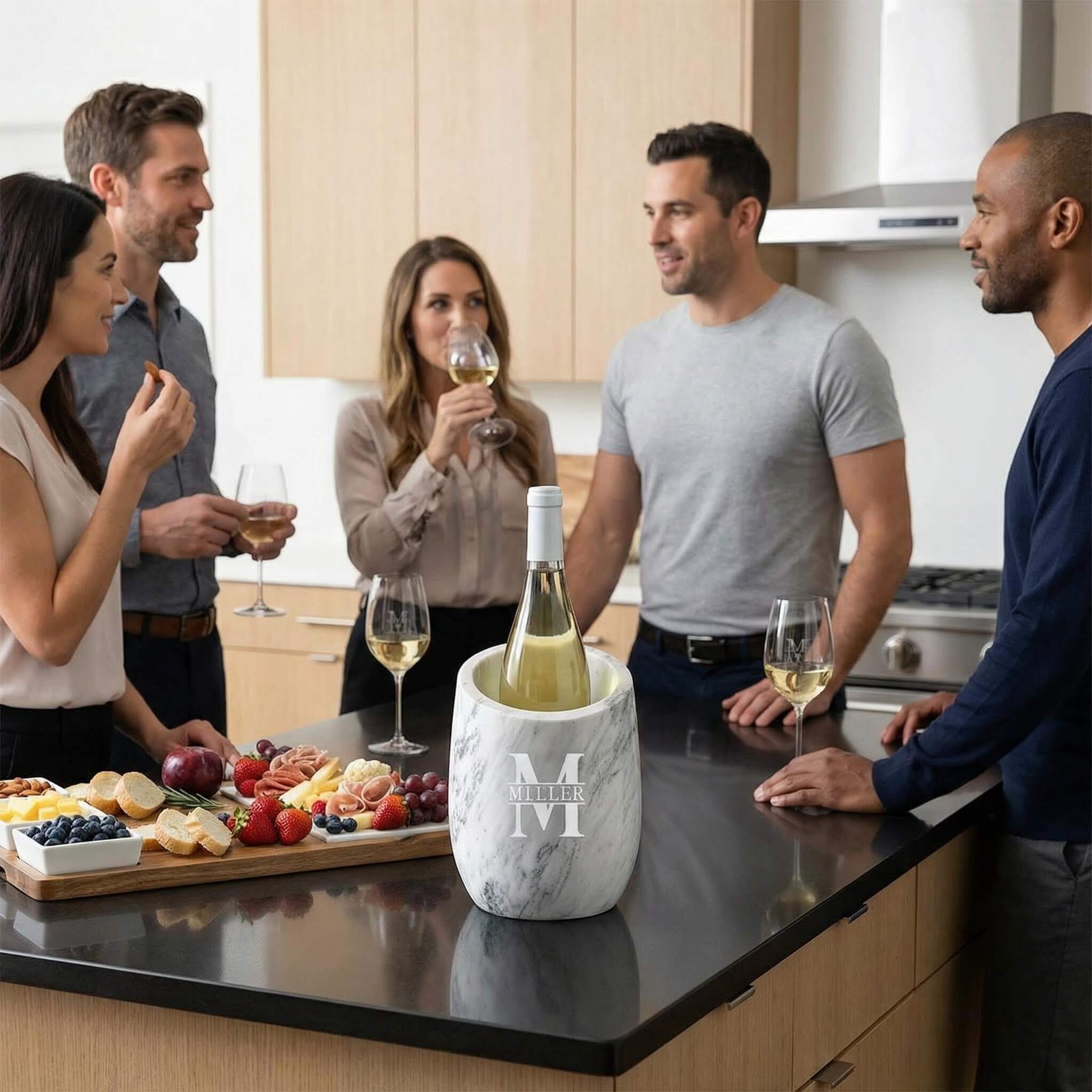 marble wine chiller on kitchen counter surrounded by people