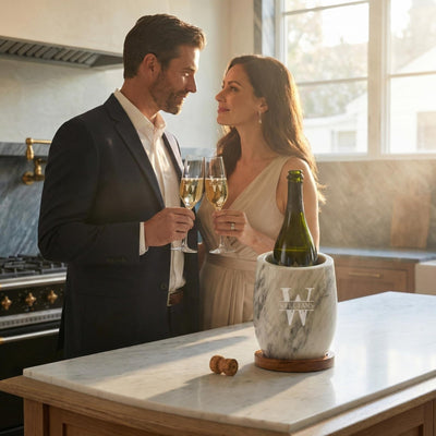 lovers enjoying the Reed Marble Wine Chiller Set w/ glasses
