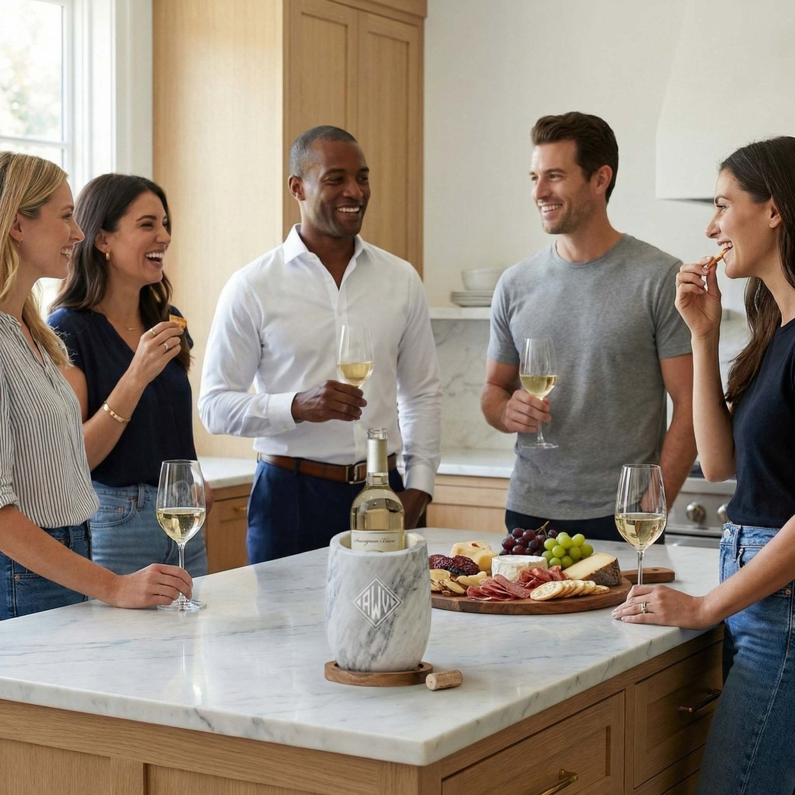 group of people using the marble wine chiller and glasses