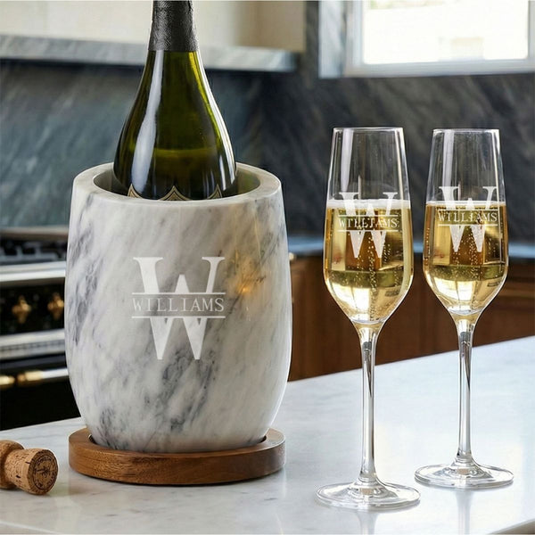 marble champagne & wine chiller with 2 flute glasses, all custom engraved