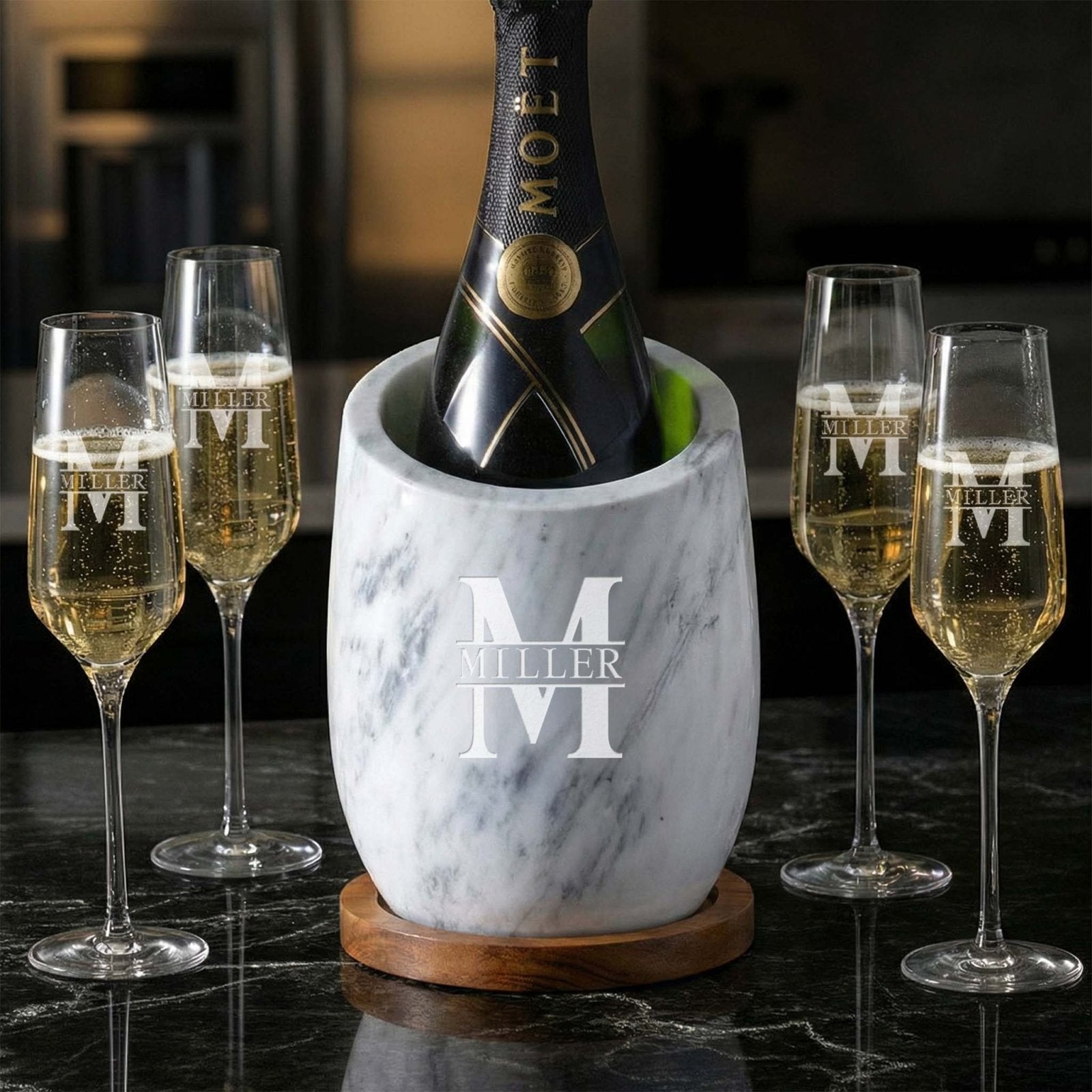 marble champagne & wine chiller with 4 flute glasses, all custom engraved
